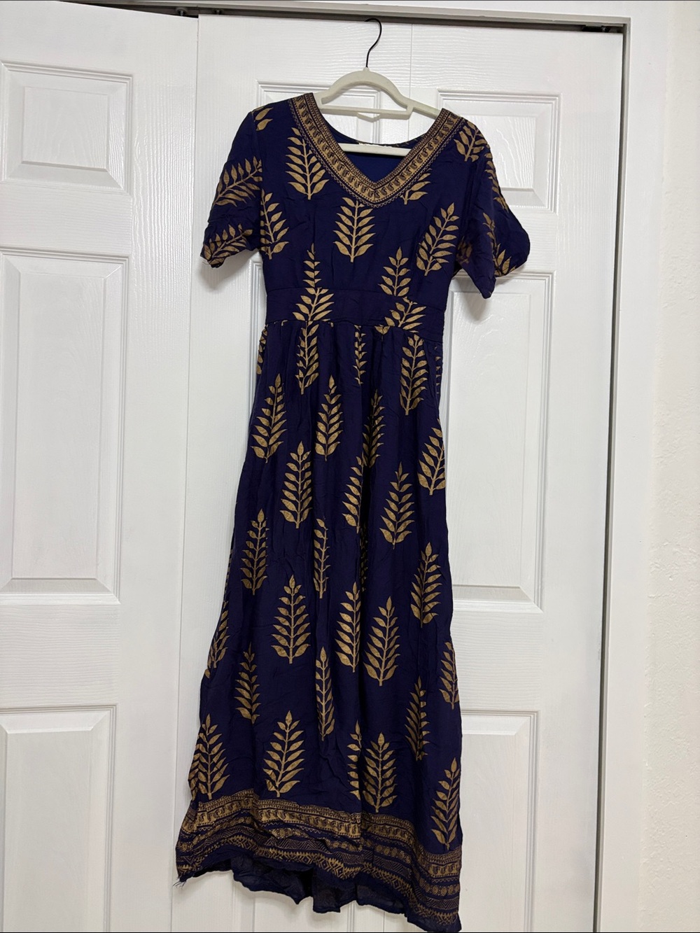 Navy Blue Maxi Dress with Gold Leaf Motif